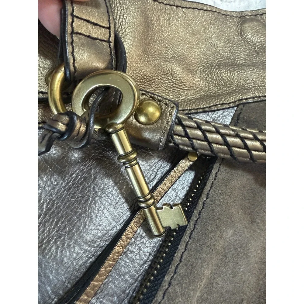 Fossil Handbag Patchwork Bronze Brown Suede Silver‎ Leather Shoulder Handbag
